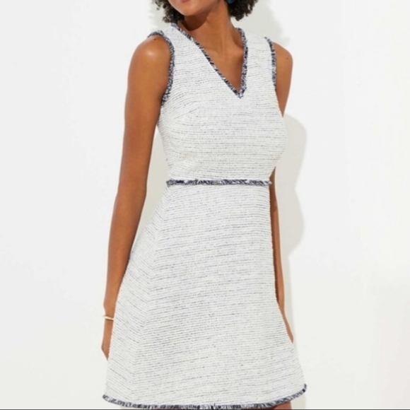 Loft Tweed Boucle Cream & Blue Color Dress - Picture 1 of 8